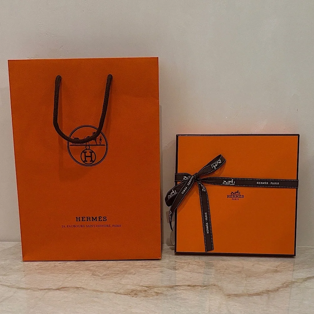 Authentic Hermès Scarf Box + Small Shopping Bag & Ribbon – Luxury Duo Set